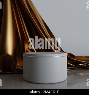 grande podio isolato con tenda color oro 3d rendering realistico concept design, vuoto vetrina prodotto piattaforma design 3d illustrazione Foto Stock