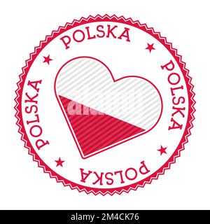 Polonia, distintivo del cuore. Logo vettoriale della Polonia con il nome del paese in lingua polacca. Bella illustrazione vettoriale. Illustrazione Vettoriale