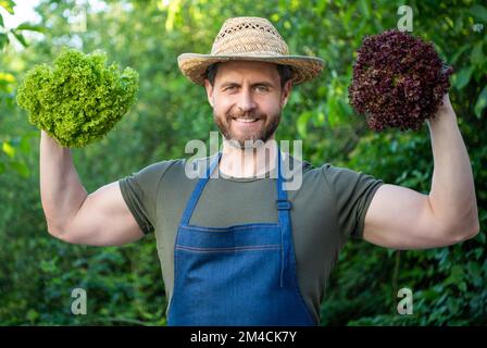 felice uomo forte greengrocer in cappello di paglia con foglie di lattuga Foto Stock