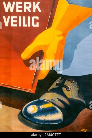 Poster di sicurezza vintage belga / fiammingo che promuove l'uso di stivali / stivali di sicurezza / stivali con cappuccio in acciaio / scarpe di sicurezza per i lavoratori in fabbrica Foto Stock