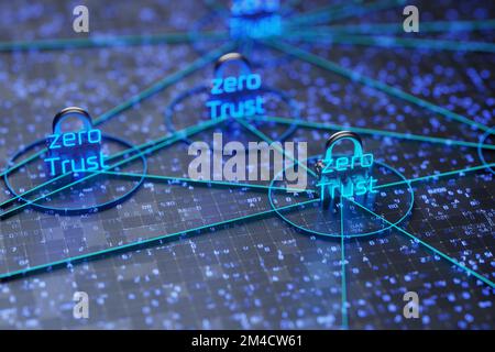 Concetto di connessione di rete. Modello di sicurezza zero trust. Rete protetta. rendering 3d.. Foto Stock