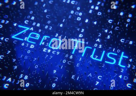 Scrittura zero trust su sfondo digitale. Concetto di connessione di rete. Modello di sicurezza zero trust. Rete protetta. rendering 3d.. Foto Stock