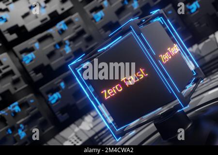iscrizione zero trust sul design tecnologico. Concetto di connessione di rete. Modello di sicurezza zero trust. Rete protetta. Rendering 3D.. Foto Stock