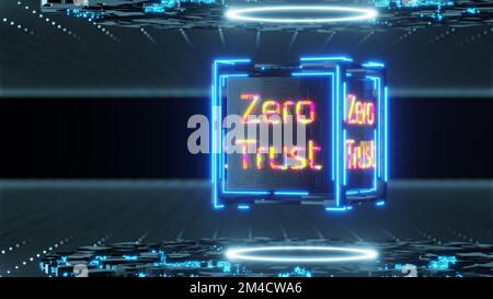 L'iscrizione zero trust su un cubo tecnologico. Concetto di connessione di rete. Modello di sicurezza zero trust. Rete protetta. rendering 3d.. Foto Stock