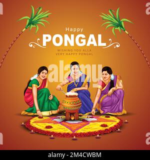 Nuova illustrazione del festival Happy Pongal Holiday Harvest di Tamil Nadu Woman's Making Pongal. disegno vettoriale dello sfondo Illustrazione Vettoriale