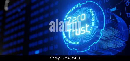 Ologramma con l'iscrizione zero trust. Modello di sicurezza zero trust. Rete protetta. rendering 3d.. Foto Stock