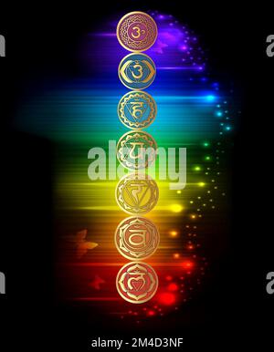 Simboli Chakra e simboli di geometria sacra isolati su sfondo a colori con spazio di copia per il disegno Foto Stock