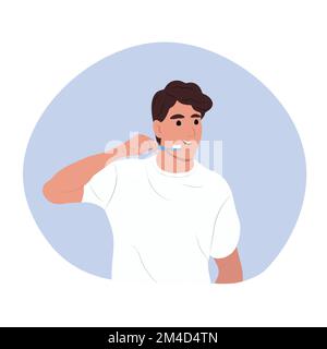 Giornata mondiale della salute orale. Un giovane uomo sorridente si prende cura dei denti e della cavità orale Un uomo si prende cura della salute dei denti e delle gengive. Piatto vettoriale Illustrazione Vettoriale