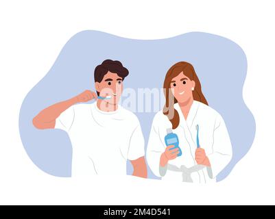 Giornata mondiale della salute orale. Giovane uomo e donna sorridente che si prendono cura dei loro denti e della cavità orale. La famiglia si prende cura della salute dei loro denti e. Illustrazione Vettoriale