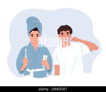 I bambini si prendono cura dei denti e della cavità orale. Giornata mondiale della salute orale. Podlvtki si prende cura della salute dei denti e delle gengive. Piatto vettoriale Illustrazione Vettoriale
