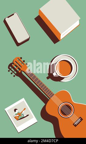 Illustrazione vettoriale di una chitarra e di altri elementi su sfondo verde menta. Illustrazione minimalistica in colori alla moda. Concetto musicale o ricordi o. Illustrazione Vettoriale