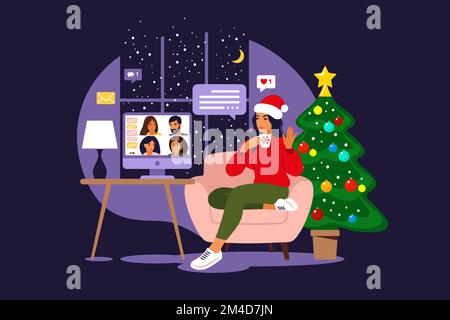 Amici felici festeggiano il Natale e l'anno nuovo. Festa online a casa. Ragazza in un cappello Santa comunica con gli amici attraverso una videochiamata. Vettore. Piatto. Illustrazione Vettoriale