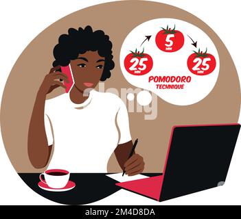 African girl manager che lavora con il computer utilizzando la gestione del tempo. Concetto di tecnica Pomodoro. Vettore. Piatto. Illustrazione Vettoriale