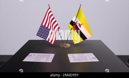 Brunei e Stati Uniti al tavolo dei negoziati. Economia e politica 3D illustrazione. Bandiere nazionali, accordo diplomatico. Accordo internazionale. Foto Stock