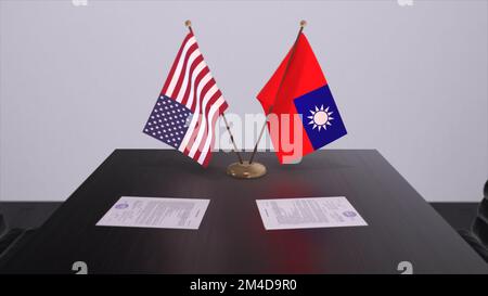 Taiwan e Stati Uniti al tavolo dei negoziati. Economia e politica 3D illustrazione. Bandiere nazionali, accordo diplomatico. Accordo internazionale. Foto Stock