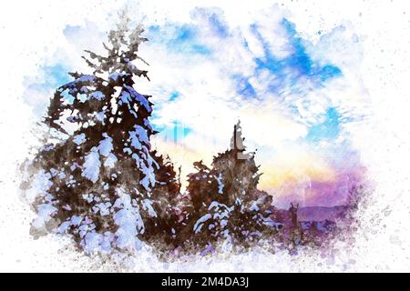 Acquerello arte paesaggio invernale, pino con neve su di esso Foto Stock