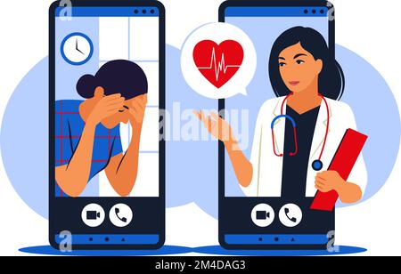 Consultazione del paziente al medico via internet. Assistenza medica online. Medico online. Servizi sanitari, chiedere a un medico. Medico di famiglia Illustrazione Vettoriale