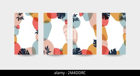 Modello di storie con sfondo astratto con forme organiche fluide, colori pastello. Set vettoriale in stile minimal trendy con spazio di copia per il testo e. Illustrazione Vettoriale