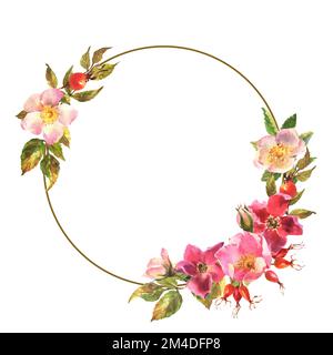 Wreath rosa acquerello. Fiori, foglie e frutti di rose selvatiche. Briar, acquerello per decorazione. Illustrazione acquerello isolata su w Foto Stock