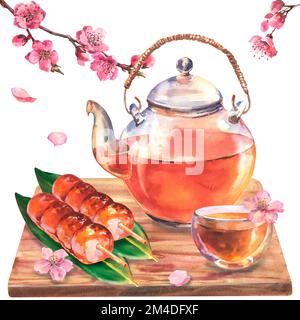 Composizione di tè asiatico acquerello con teiera trasportante, tazza di tè, dango sulla memoria delle foglie su tavola di legno e sakura ramo isolato sul bianco backgrou Foto Stock