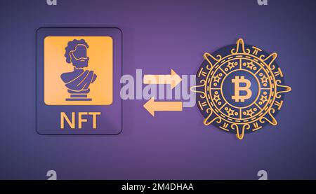 Concetto di scambio di NFT e criptovaluta 3D scambio di NFT. Il concetto di una società senza contanti in NFT. rendering 3d Foto Stock