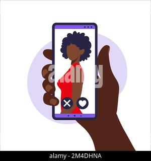 Datazione app. App mobile dating per trovare nuovi amici, allacciamenti e partner romantici. Illustrazione di uno smartphone con mano umana e foto africane Illustrazione Vettoriale