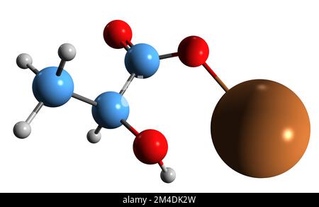 3D immagine della formula scheletrica del lattato di potassio - struttura chimica molecolare del 2-idrossipropanoato di potassio isolato su sfondo bianco Foto Stock