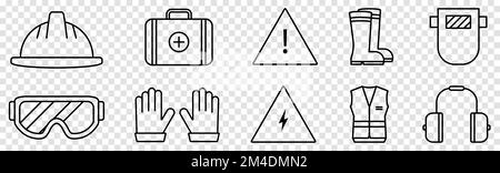 Serie di icone di linee per lavori di sicurezza. Illustrazione vettoriale isolata su sfondo trasparente Illustrazione Vettoriale