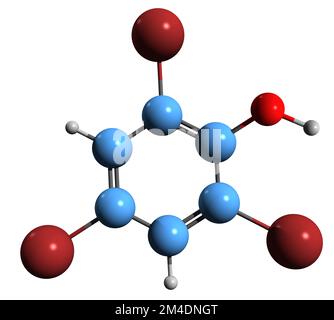 3D immagine della formula scheletrica del Tribromofenolo - struttura chimica molecolare del fungicida TBP isolato su sfondo bianco Foto Stock