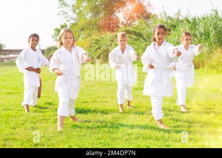 Bambini in kimono praticare karate in estate all'aperto Foto Stock