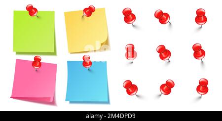 Note adesive vuote realistiche isolate su sfondo bianco. Fogli colorati di carta da appunti con spille rosse. Promemoria di carta e perno di plastica con Illustrazione Vettoriale