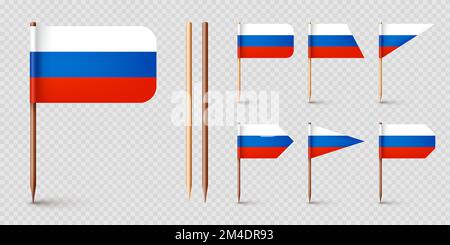 Realistiche bandiere russe diverse stuzzicadenti. Souvenir dalla Russia. Stuzzicadenti in legno con bandierina di carta. Contrassegno di posizione, puntatore della mappa. Mockup vuoto per Illustrazione Vettoriale