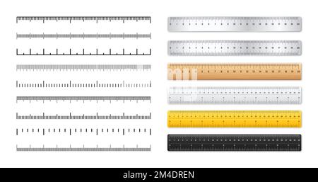Righelli realistici in metallo e plastica. Scale di misurazione con divisioni. Scala per la misurazione della lunghezza o dell'altezza in centimetri, pollici. Righello, nastro Illustrazione Vettoriale