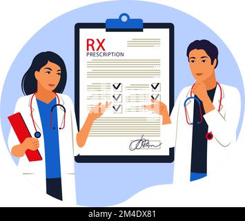 Prescrizione medica Rx. I medici scrive la prescrizione medica. Illustrazione vettoriale. Piatto. Illustrazione Vettoriale