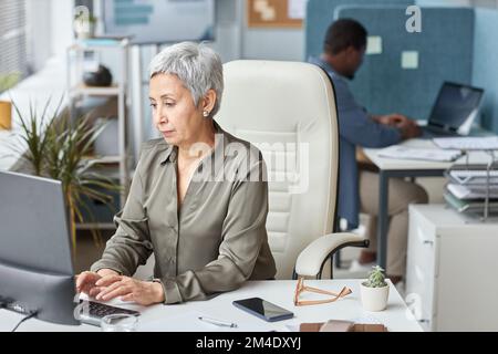Ritratto di elegante donna d'affari senior utilizzando il computer sul posto di lavoro in ufficio come capo femmina Foto Stock