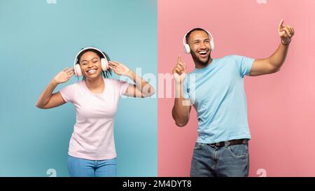 Playlist preferita. Coppia nera entusiasta e spensierata che ascolta la musica con le cuffie wireless su sfondo blu e rosa Foto Stock