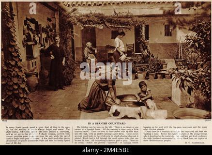 Mezzotono di una famiglia in un cortile spagnolo, da una pubblicazione educativa, 1927 Foto Stock