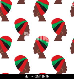 Modello senza cuciture del profilo donna africana con turbante in tonalità nazionali girato in modo diverso. Trama ripetuta astratta. Isolare. Ideale per poster, banner, brochure, biglietti o lettere. EPS Illustrazione Vettoriale