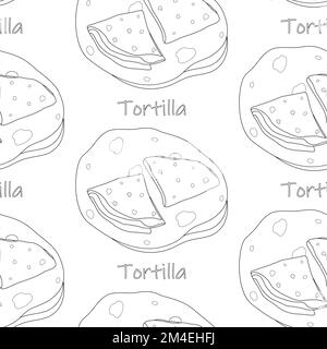 Motivo senza cuciture della tortilla messicana pile of Corn con scritte. Cucina tradizionale latinoamericana. Isolare. Art. Linea Ideale per poster, banner, menu, brochure o etichette, prezzo o Web, sfondo. EPS Illustrazione Vettoriale