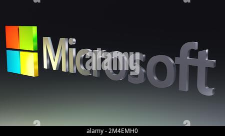 Logo e font Microsoft in vista isometrica su sfondo scuro. Rendering 3D. Foto Stock