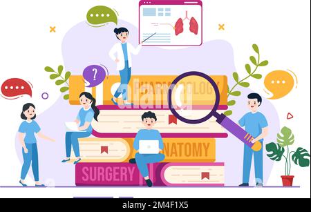 Scuola di Medicina con gli studenti che ascoltano la lezione di Dottore e la scienza di apprendimento in aula in Cartoon piano modello disegnato a mano Illustrazione Illustrazione Vettoriale