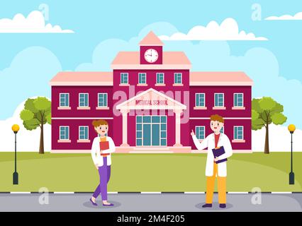Scuola di Medicina con gli studenti che ascoltano la lezione di Dottore e la scienza di apprendimento in aula in Cartoon piano modello disegnato a mano Illustrazione Illustrazione Vettoriale
