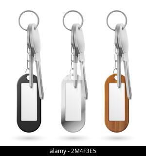 Trinkets, keys bunch, metal, wooden and plastic door clef holders on steel ring set. Oval keychains accessories or pendants isolated on white background. Realistic 3d vector illustration, mock up Illustrazione Vettoriale