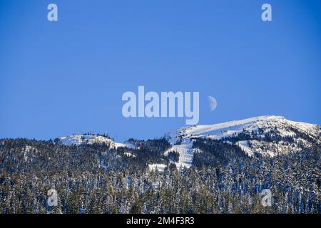 montagna e luna bianca cerante. Paesaggio montano invernale - foresta di conifere ricoperta di neve, cielo limpido, piste da sci sulla montagna Foto Stock