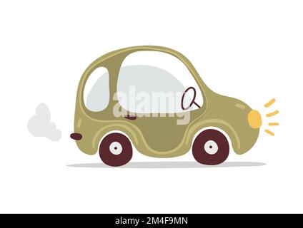 Divertente auto verde, design per bambini, auto giocattolo per un ragazzo, regole della strada. Illustrazione piatta vettoriale isolata su sfondo bianco Illustrazione Vettoriale
