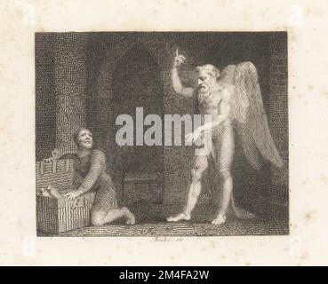 Il Miser e Plutus. Una figura alata portatrice di Plutus, dio greco della ricchezza, si trova di fronte a un misero che protegge la sua arenata di tesori in un petto. Incisione su copperplate di William Blake dopo un'illustrazione di William Kent da Fables di John Gay, con una vita dell'autore, John Stockdale, Londra, 1793. Foto Stock