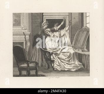 La Signora e la Vespa. Una donna anziana Doris al suo gabinetto di fronte a uno specchio. La sua cameriera Jenny sul cofano cerca di inghiottire una vespa con un ventilatore. Incisione su copperplate di Lovegrove dopo un'illustrazione di William Kent da Fables di John Gay, con una vita dell'autore, John Stockdale, Londra, 1793. Foto Stock