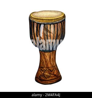 Djembe percussioni strumento musicale acquerello illustrazione isolata. Strumento folkloristico africano dipinto a mano. Tamburo etnico. Elemento di disegno per l'imballaggio, Foto Stock