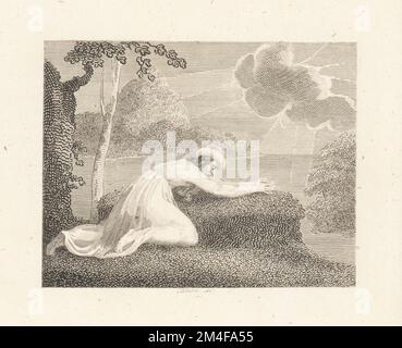 Il persiano, il sole e la nuvola. Un uomo bearato, a pelo lungo si inginocchia davanti ad una tomba che prega il dio del sole. Una nuvola invidiosa cerca di nascondere il sole. Incisione su copperplate di William Blake dopo un'illustrazione di William Kent da Fables di John Gay, con una vita dell'autore, John Stockdale, Londra, 1793. Foto Stock