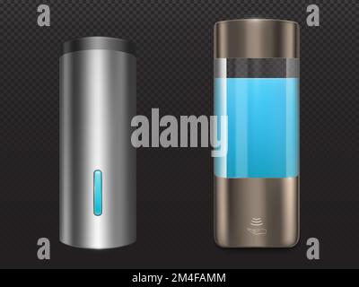 Dispenser a parete per sapone antibatterico e antisettico liquido. Contenitori automatici con stecca blu per bagno o toilette, isolati su sfondo trasparente, icone vettoriali 3D realistiche, clip art Illustrazione Vettoriale